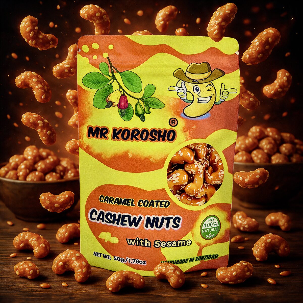 Mr Korosho sesame caramel coated Tanzanian cashew nuts made in Zanzibar