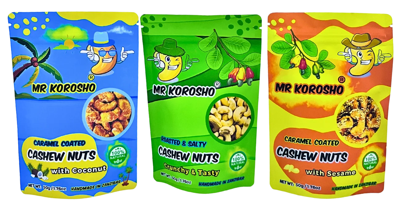 Mr Korosho Roasted & Salty, Caramel Coconut and Caramel Sesame cashew pouches together