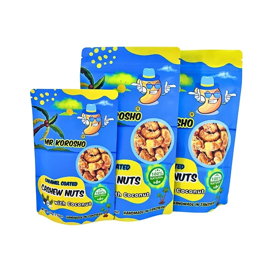 Mr Korosho Caramel Coconut cashew nuts in 50g, 100g, 150g and 250g pouches
