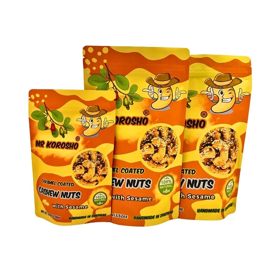 Mr Korosho Caramel Sesame cashew nuts in 50g, 100g, 150g and 250g pouches